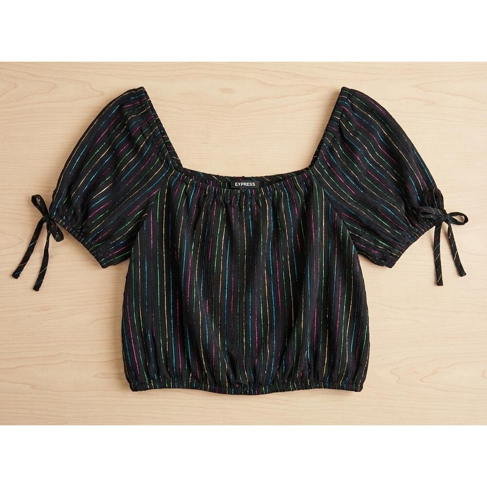 Express Multicolor Foil Stripe Puff Sleeve Top Black Square Neck Crop Size Large